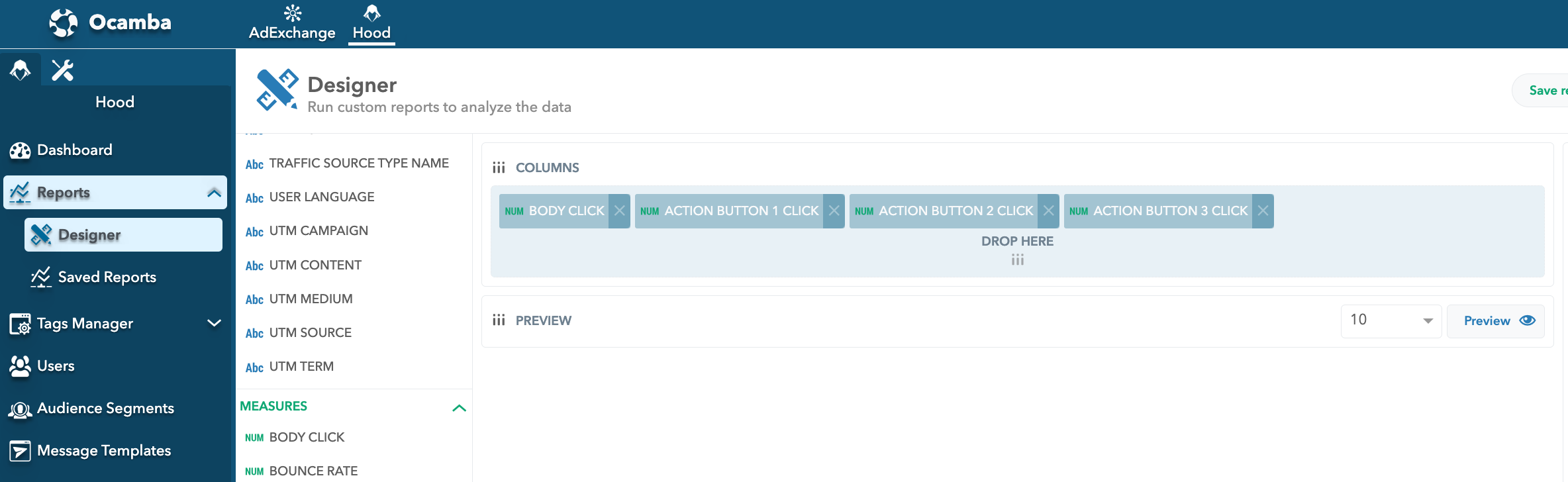 Push notification CTA buttons analytics in Hood, dashboard