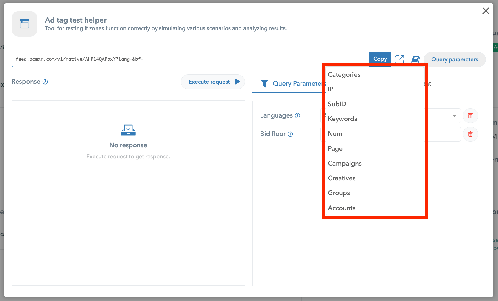 Ad tag test helper query on Adex