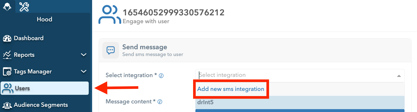 How to add new SMS or Email integration from the Users tab on Hood