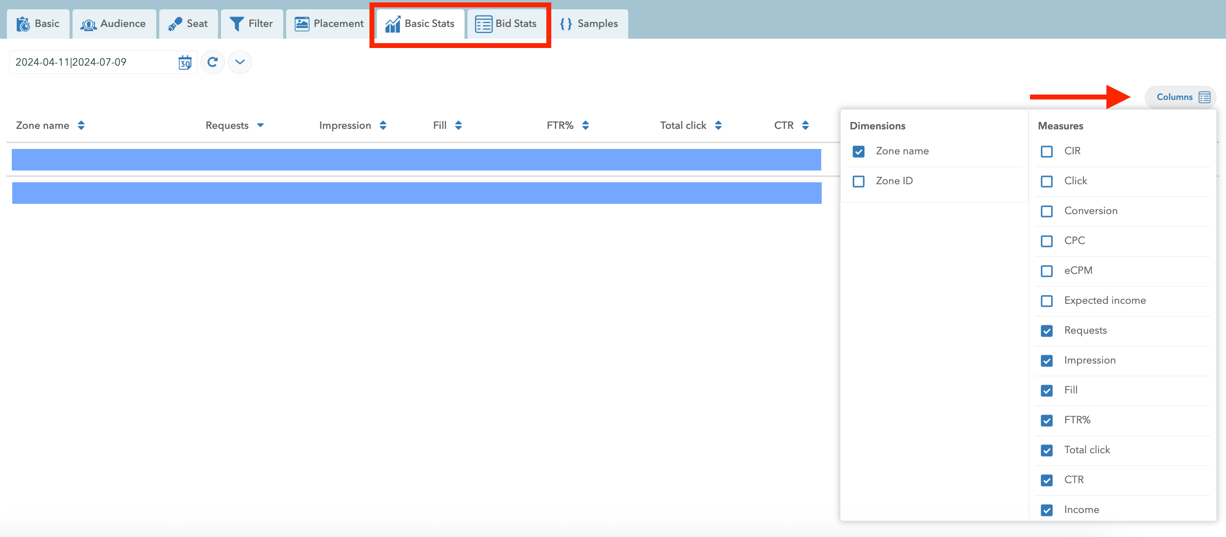 Columns feature on Stats zones on Adex