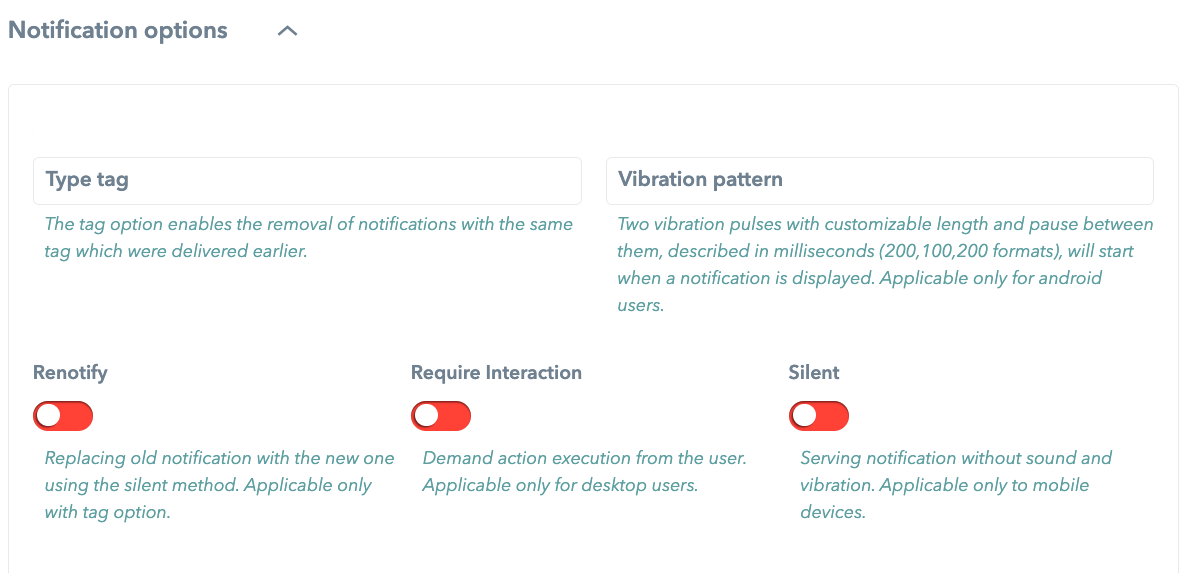 Ocamba’s Hood Engage, the Notification options section